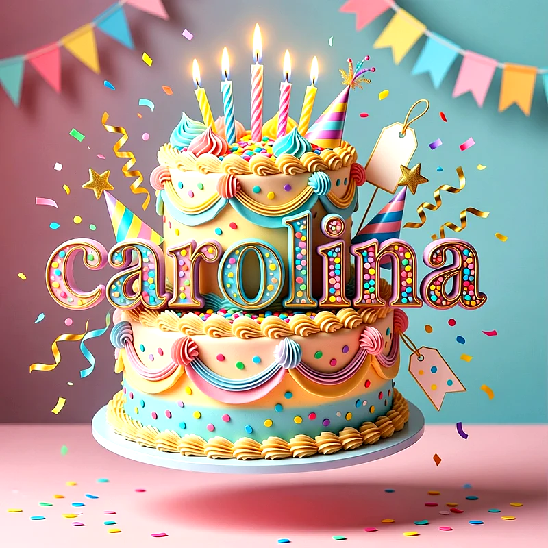 Tarta infantil de cumpleaños de dos pisos en tonos pastel con velas encendidas, confeti y el nombre Carolina decorado al frente.