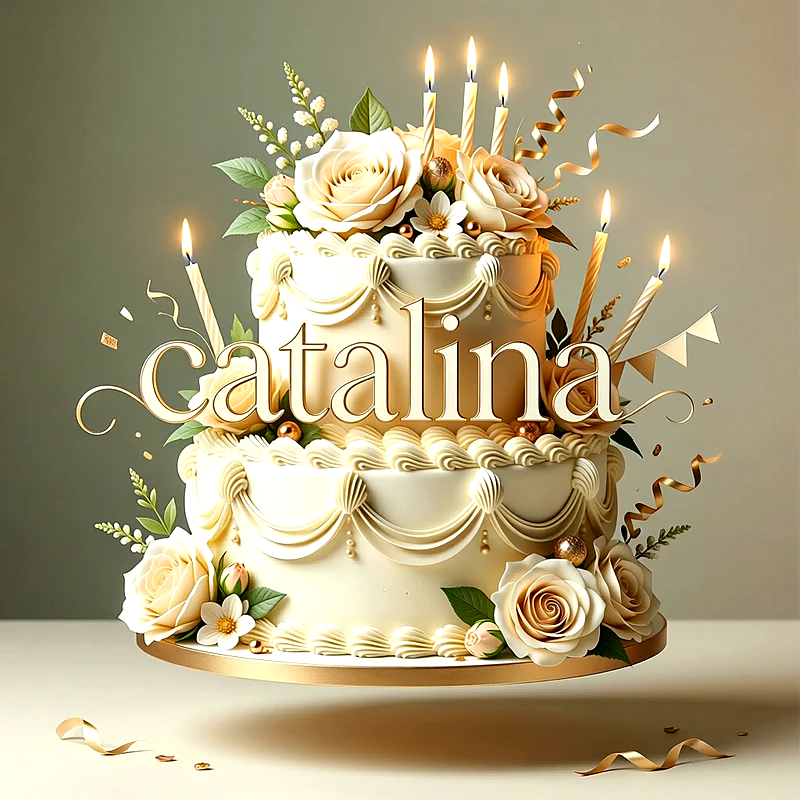 Tarta de cumpleaños blanca de dos pisos con rosas crema, velas doradas encendidas y el nombre Catalina escrito al frente.