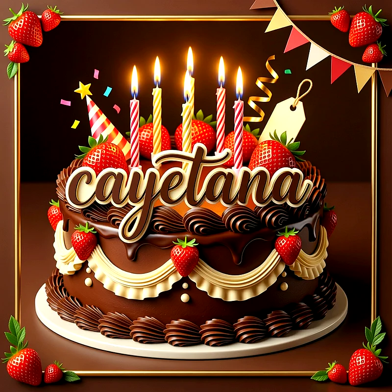 Tarta de cumpleaños cubierta de chocolate con fresas frescas, velas encendidas y decoraciones festivas, con el nombre Cayetana escrito en letras grandes y elegantes sobre el pastel.