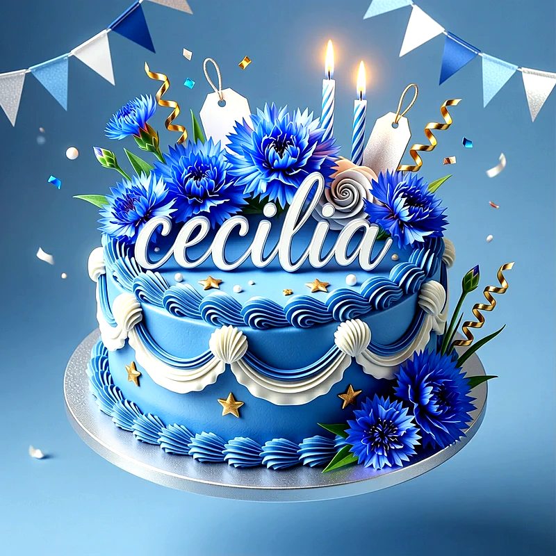 Tarta de cumpleaños azul con flores azules, estrellas doradas, velas encendidas y el nombre Cecilia escrito en letras blancas al frente.