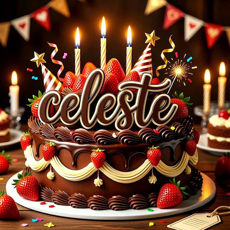 Tarta de cumpleaños de chocolate decorada con fresas frescas, velas encendidas y un letrero con el nombre Celeste en primer plano.