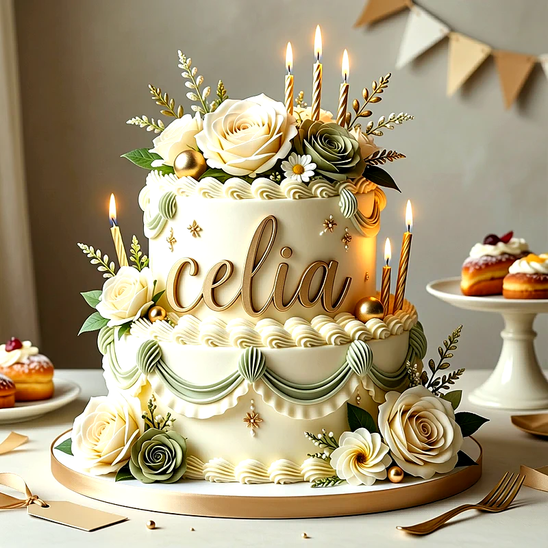 Tarta de cumpleaños de dos pisos en tonos crema y verde con rosas blancas, velas encendidas y el nombre Celia escrito en letras grandes al frente.
