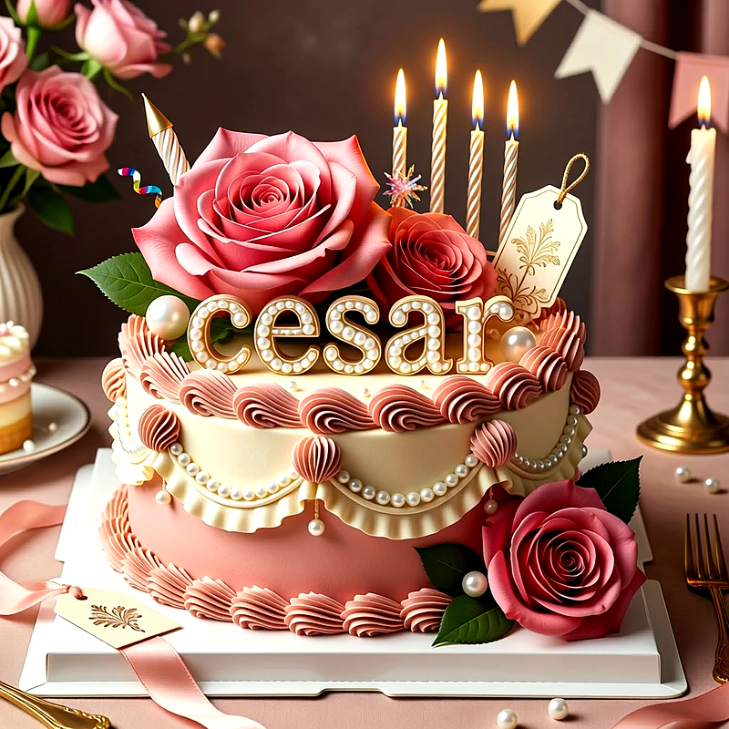 Tarta de cumpleaños elegante en tonos rosa y crema con rosas grandes, velas encendidas y perlas, con el nombre Cesar decorado al frente.