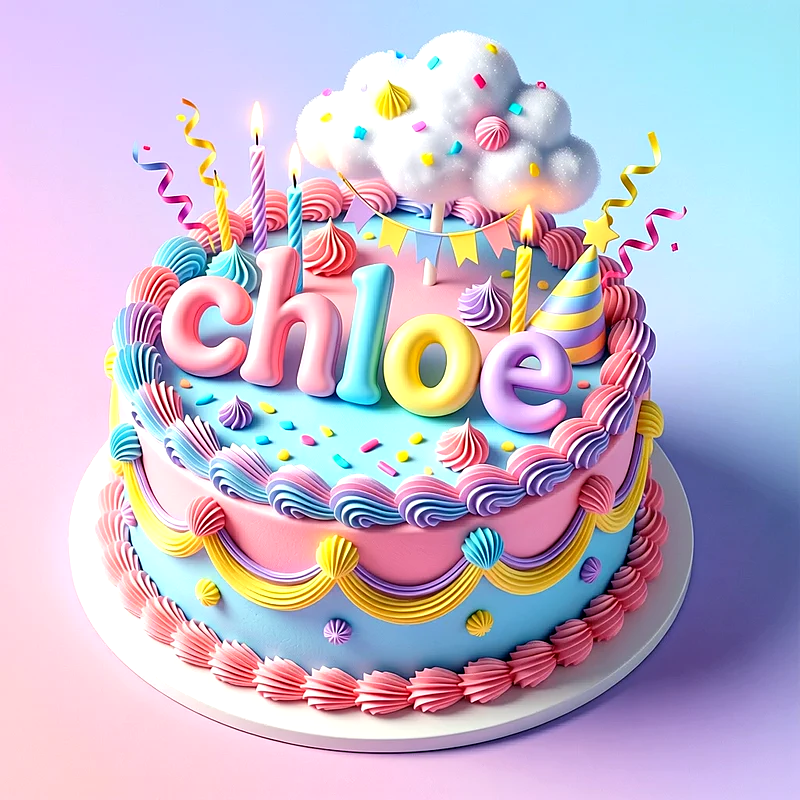 Tarta de cumpleaños infantil con base azul y rosa, decorada con nubes, velas y el nombre Chloe en letras de colores sobre la superficie.