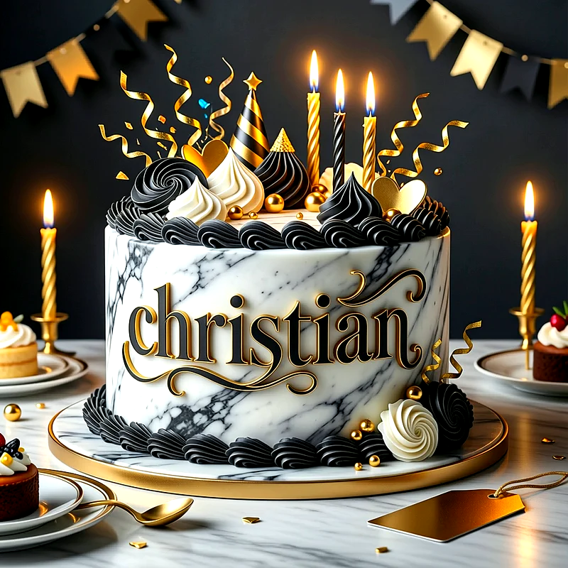 Tarta de cumpleaños con efecto de mármol, decorada con crema negra, velas doradas y adornos brillantes. El nombre Christian aparece escrito en letras doradas sobre el frente de esta tarta.