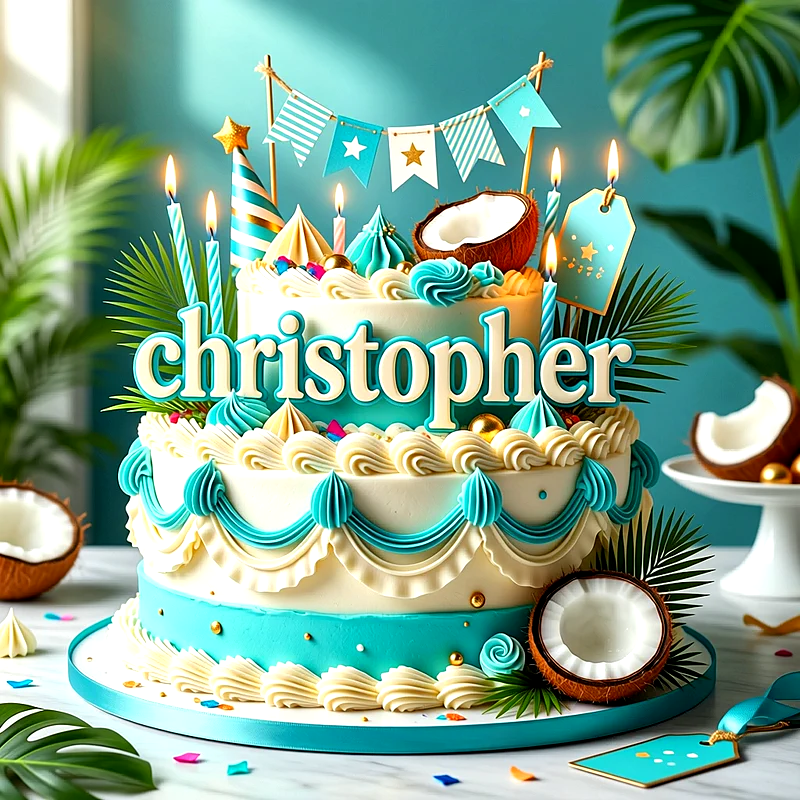 Tarta de cumpleaños de dos pisos en tonos blancos y azul turquesa, decorada con coco, palmeras y velas encendidas, con el nombre Christopher escrito en letras grandes al frente.