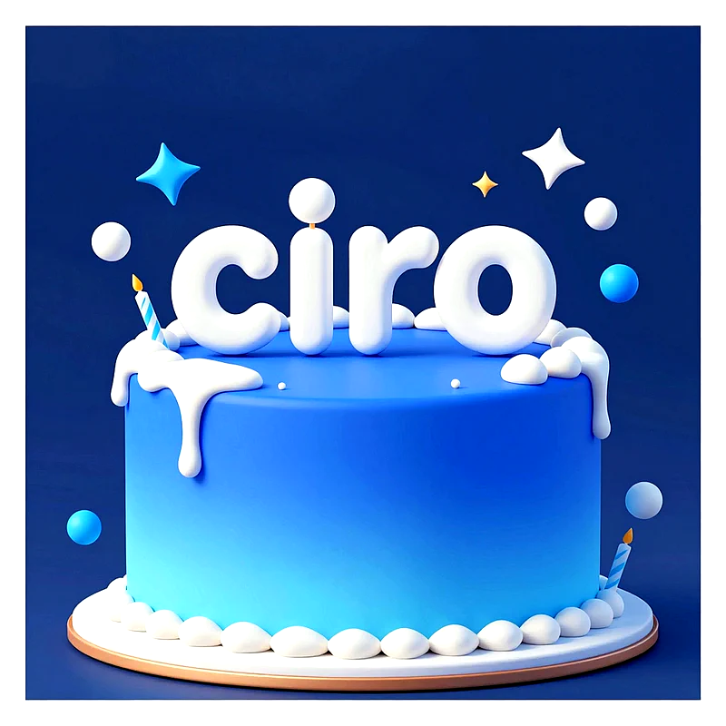 Tarta de cumpleaños azul con crema blanca y velas, decorada con estrellas y el nombre Ciro en letras blancas en 3D.