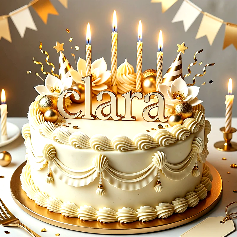 Tarta de cumpleaños blanca y dorada con flores, esferas de oro, velas encendidas y el nombre Clara en letras doradas grandes.