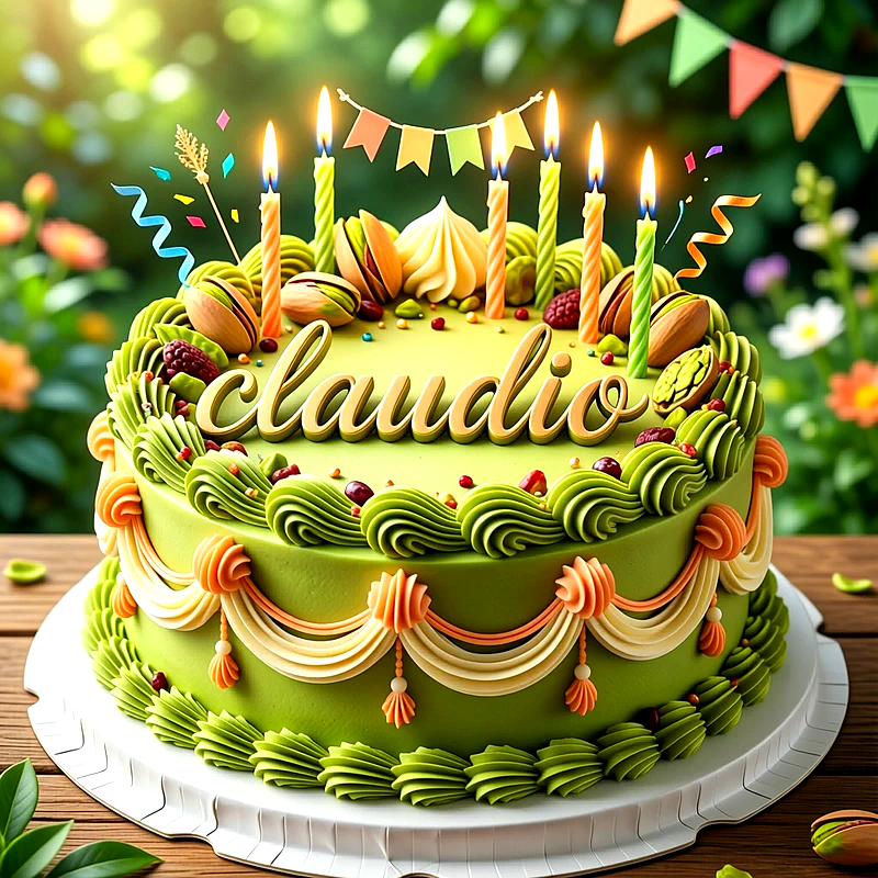Tarta de cumpleaños verde decorada con pistachos y velas encendidas, con el nombre Claudio escrito en letras doradas sobre la superficie.