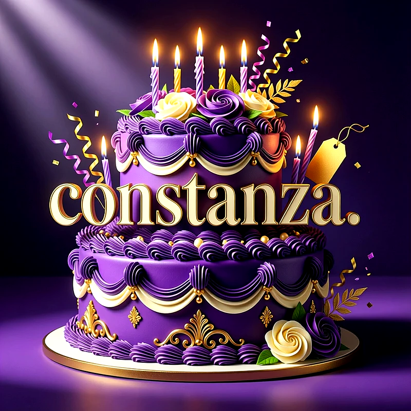 Tarta de cumpleaños de dos pisos en color lila y dorado con velas encendidas, rosas y el nombre Constanza escrito en letras doradas.