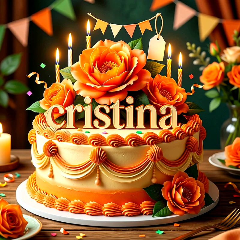Tarta de cumpleaños decorada en crema y naranja con grandes rosas, velas encendidas y el nombre Cristina al frente.