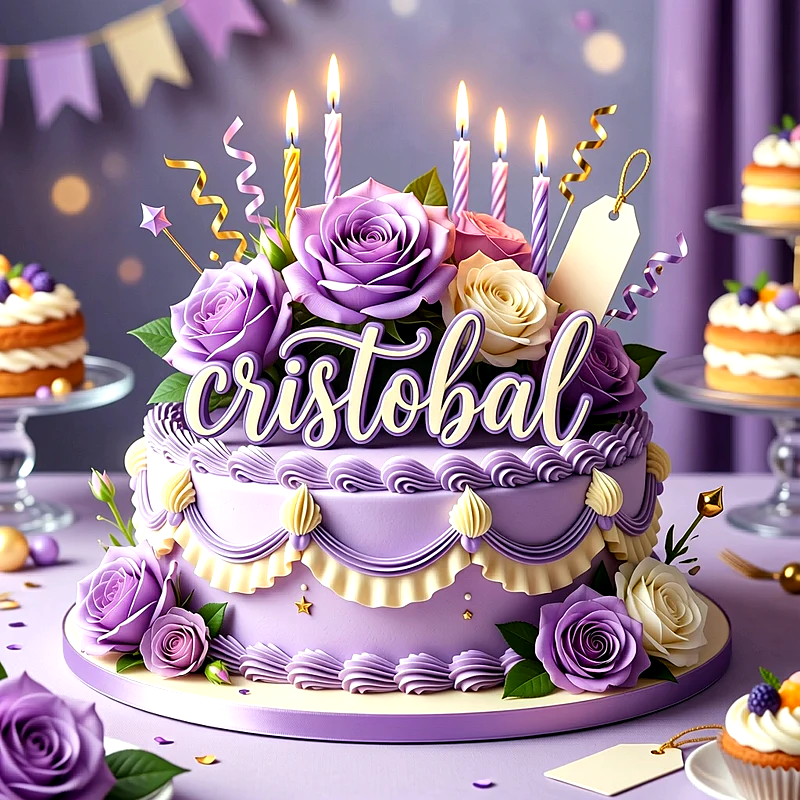 Tarta de cumpleaños de color lila decorada con rosas moradas y blancas, velas encendidas y el nombre Cristobal escrito en letras grandes sobre la parte superior del pastel.