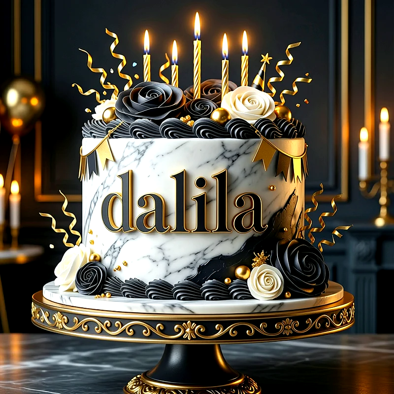 Tarta de cumpleaños elegante con efecto mármol en blanco y negro, decorada con rosas, velas doradas encendidas y el nombre Dalila escrito al frente.