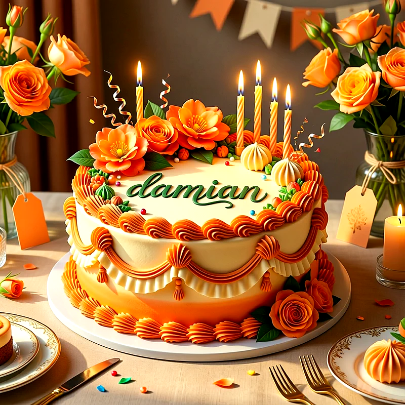 Tarta de cumpleaños elegante en color beige y naranja, decorada con rosas naranjas, velas encendidas y el nombre Damian escrito en letras verdes.