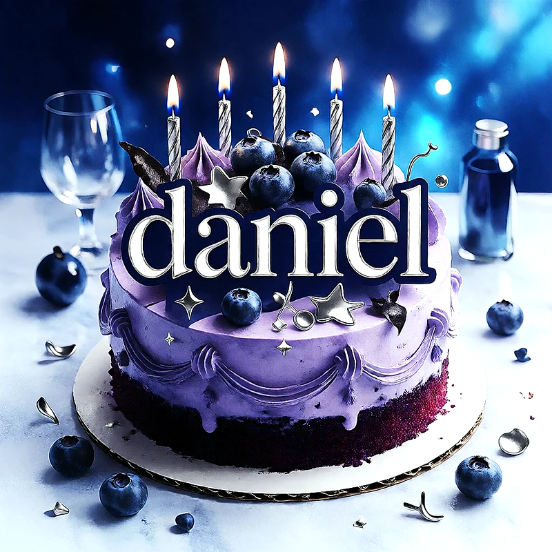 Tarta de cumpleaños de color lila decorada con arándanos frescos, estrellas plateadas, velas encendidas y el nombre Daniel escrito en el frente.