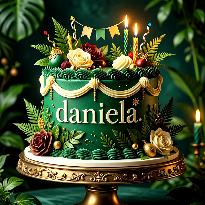 Tarta de cumpleaños verde decorada con hojas de helecho, rosas, guirnaldas y el nombre Daniela escrito en el centro.