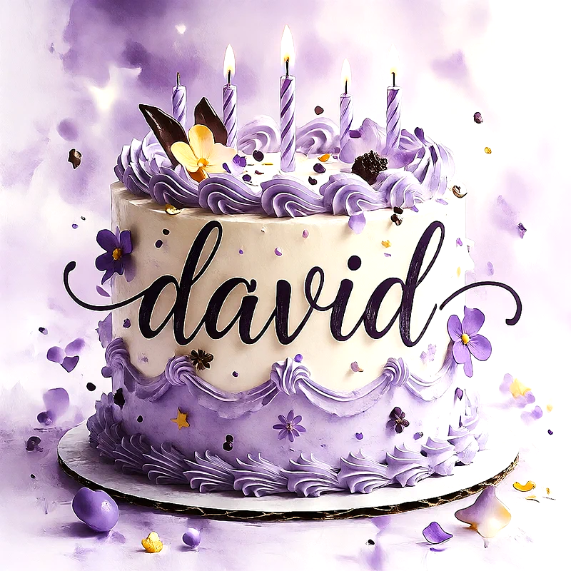 Tarta de cumpleaños decorada en tonos lila y blanco con flores y velas encendidas, mostrando el nombre David escrito en el centro con un estilo elegante y festivo.
