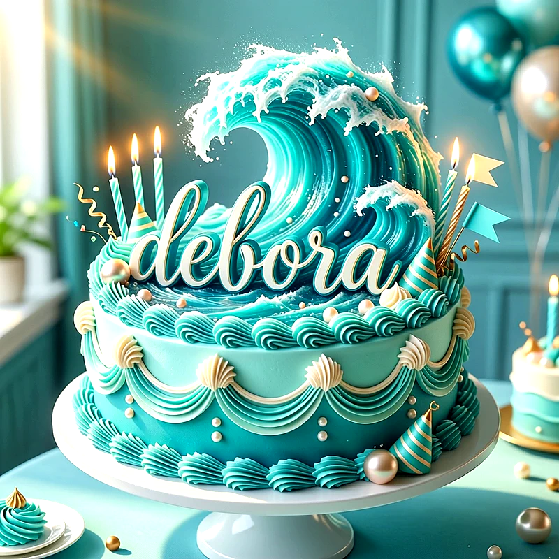Tarta de cumpleaños de color azul y turquesa decorada con olas de mar de azúcar y velas encendidas, con el nombre Debora escrito al frente.