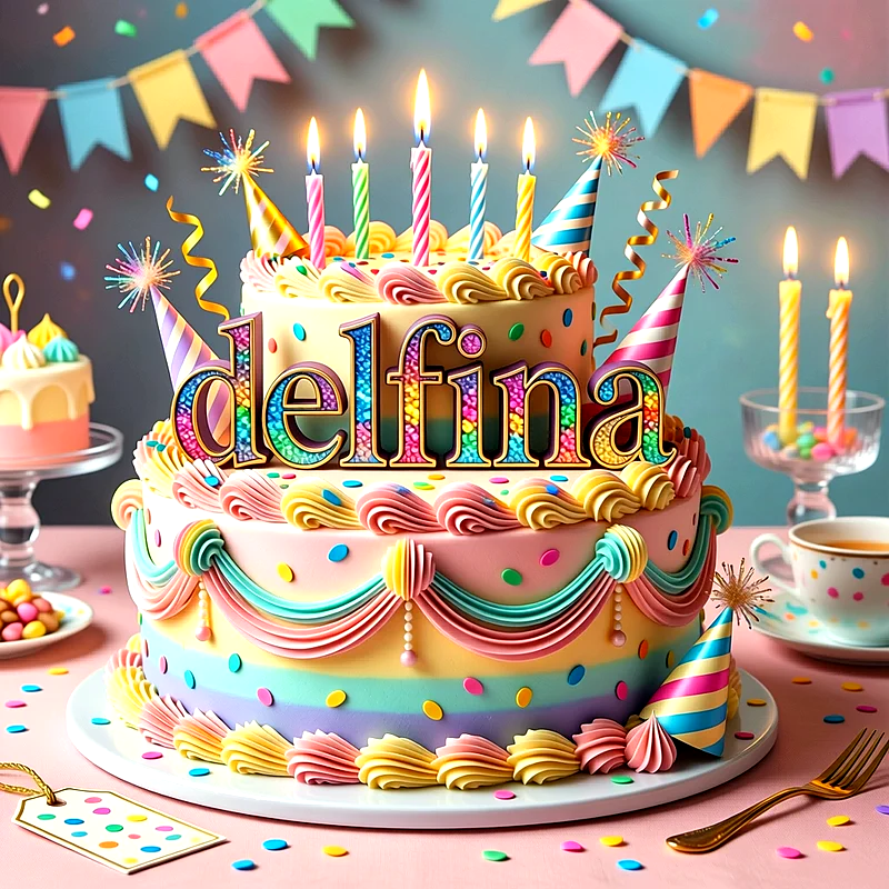 Tarta de cumpleaños de dos pisos con colores vivos, decorada con velas encendidas, gorros de fiesta, confeti y el nombre Delfina escrito en letras grandes y coloridas al frente.
