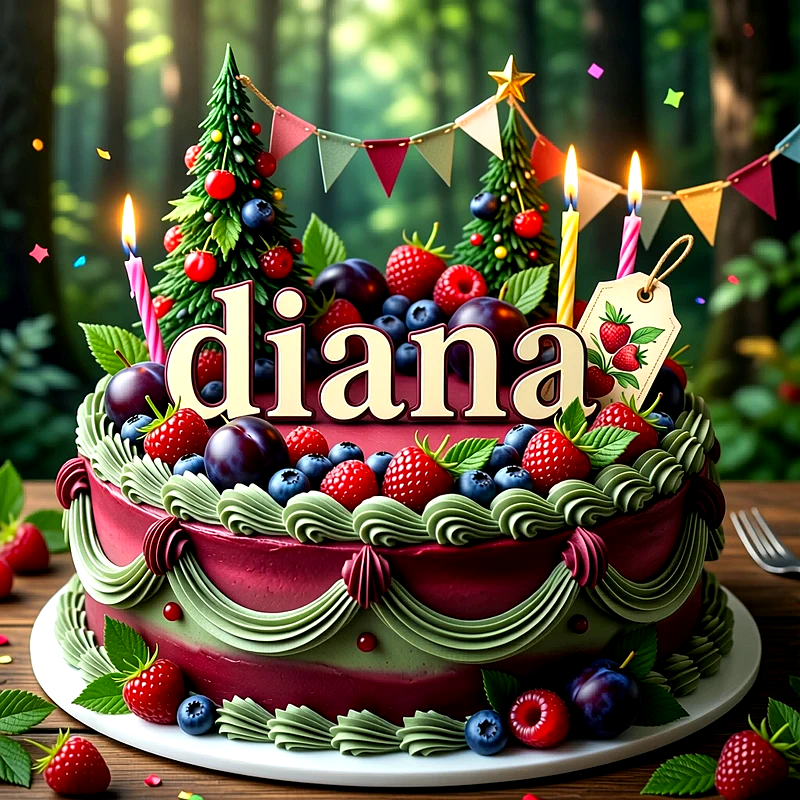 Tarta de cumpleaños decorada con fresas, arándanos, pequeños árboles verdes y velas encendidas, con el nombre Diana escrito al frente en letras claras.