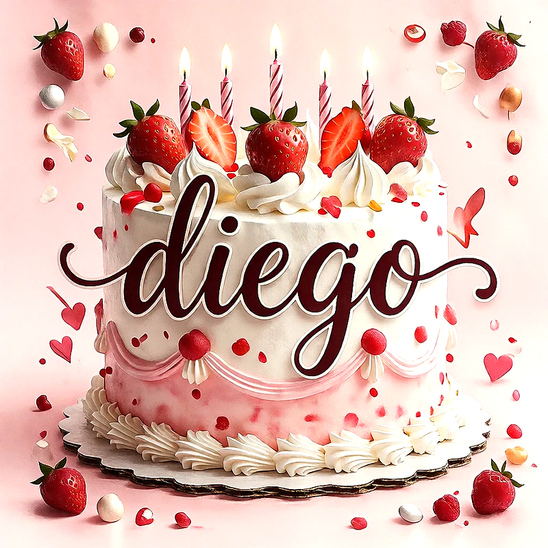 Tarta de cumpleaños de color rosa y blanco decorada con fresas frescas y velas encendidas, con el nombre Diego escrito en letras grandes y elegantes en el frente.