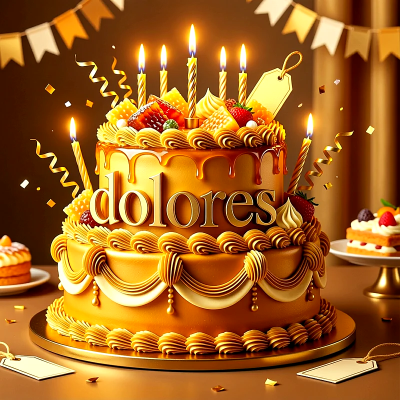 Tarta de cumpleaños de dos pisos en tonos dorados y caramelo con muchas velas encendidas, frutas encima y el nombre Dolores escrito en letras grandes al frente.