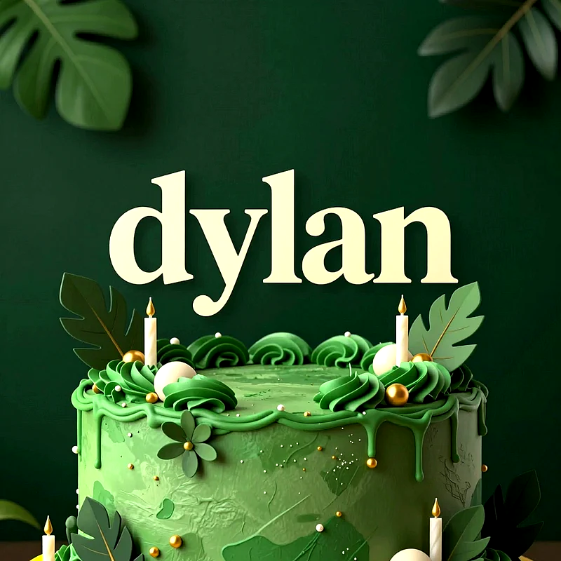 Tarta de cumpleaños verde decorada con hojas tropicales, detalles dorados y velas, con el nombre Dylan escrito en la parte superior.