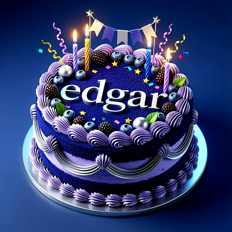 Tarta de cumpleaños de color azul y lila decorada con arándanos, moras, velas encendidas y el nombre Edgar escrito con letras blancas.