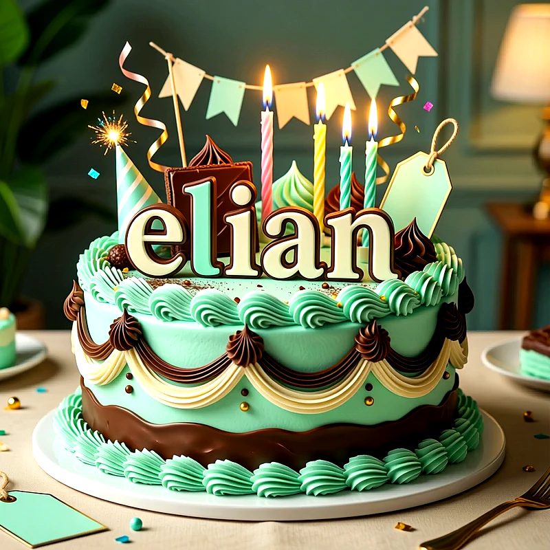 Tarta de cumpleaños de color verde menta y chocolate con velas encendidas, banderines de colores y el nombre Elian escrito en el centro.