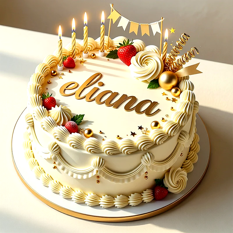 Tarta de cumpleaños de crema blanca con fresas rojas, velas doradas encendidas y el nombre Eliana escrito en dorado arriba.