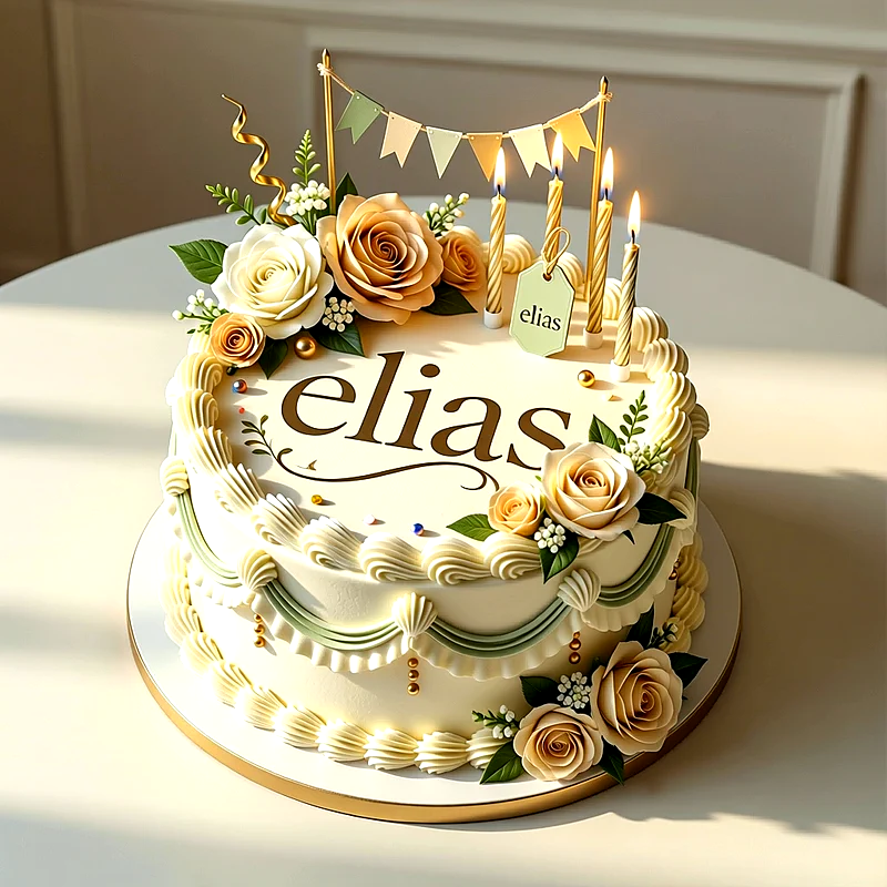 Tarta de cumpleaños blanca y crema decorada con rosas beige, velas encendidas, guirnalda y el nombre Elias en el centro.