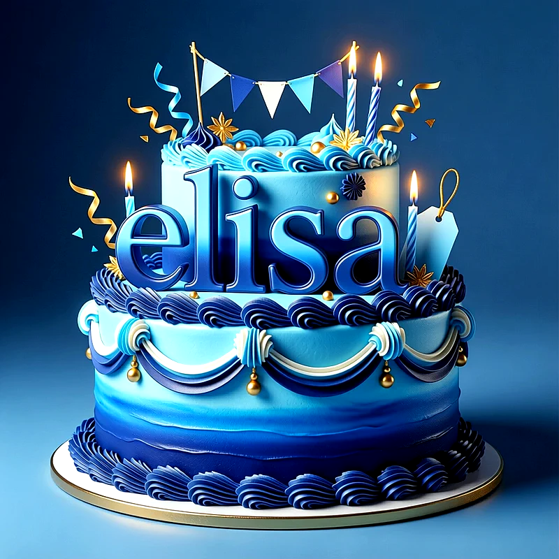 Tarta de cumpleaños de dos pisos azul y blanca con velas encendidas, guirnaldas y el nombre Elisa escrito al frente.