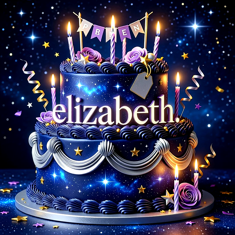 Tarta de cumpleaños de dos pisos en color azul oscuro con estrellas doradas, flores moradas, velas encendidas y el nombre Elizabeth al frente.