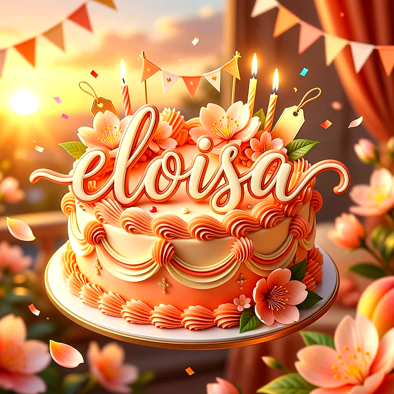 Tarta de cumpleaños en tonos melocotón y crema con flores de durazno, velas encendidas y el nombre Eloisa destacado al frente.