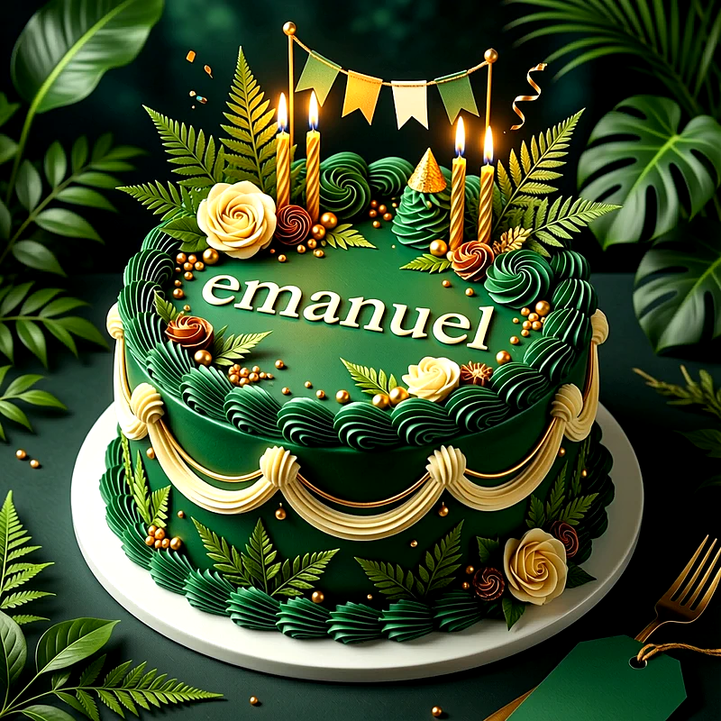 Tarta de cumpleaños verde decorada con hojas, flores doradas, velas y el nombre Emanuel escrito en el centro en letras claras.
