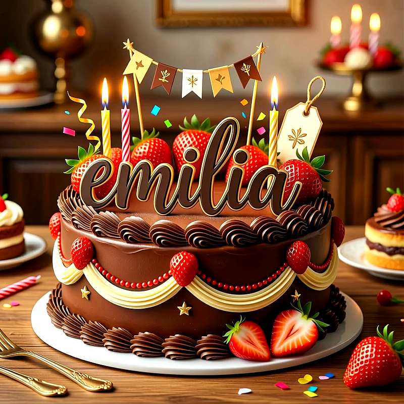 Tarta de cumpleaños de chocolate con fresas frescas, velas encendidas y pequeños banderines con el nombre Emilia escrito en relieve.