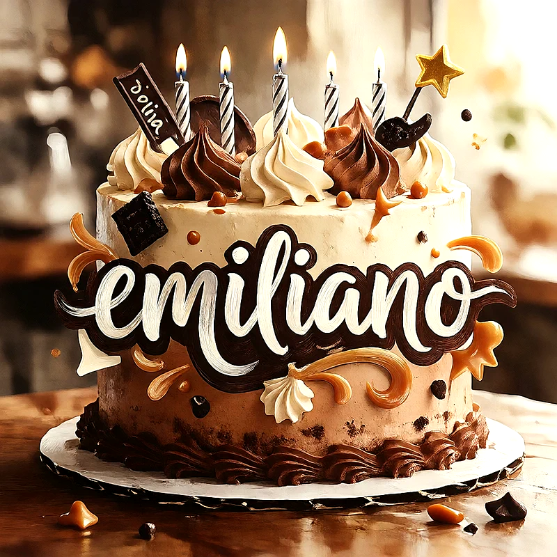 Tarta de cumpleaños decorada con crema, chocolate, caramelos, estrellas, velas encendidas y el nombre Emiliano escrito en la parte frontal.