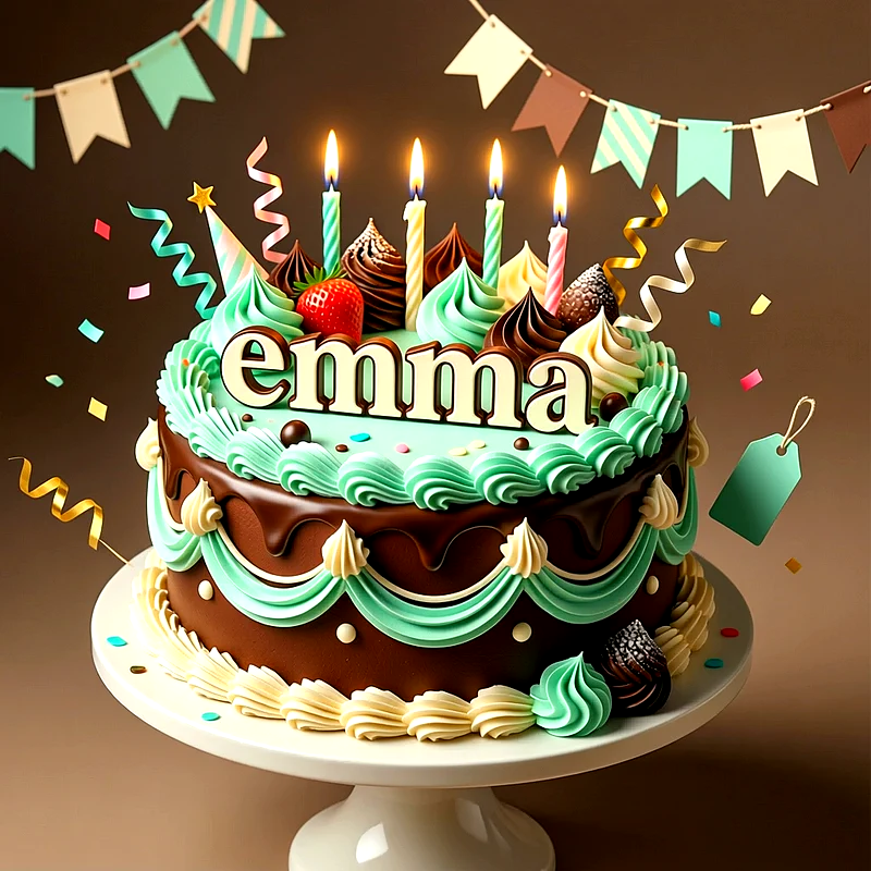 Tarta de chocolate con crema verde, velas encendidas, una fresa y el nombre Emma escrito en letras grandes sobre la parte superior.