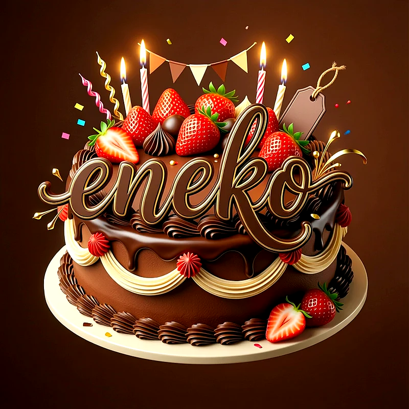 Tarta de cumpleaños de chocolate decorada con fresas frescas, velas encendidas y el nombre Eneko escrito en letras elegantes de chocolate.