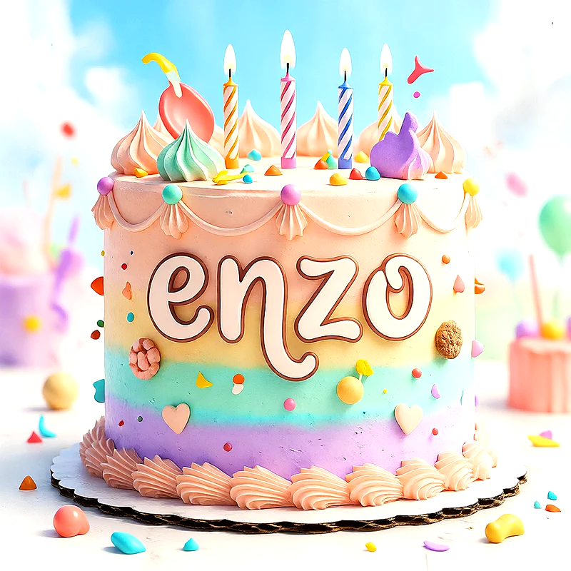 Tarta de cumpleaños infantil en tonos pastel con el nombre Enzo en el frente y velas encendidas en la parte superior.