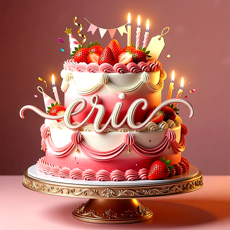 Tarta de cumpleaños de dos pisos con colores rosa y blanco, decorada con muchas fresas frescas, velas encendidas y el nombre Eric escrito en letras blancas al frente.