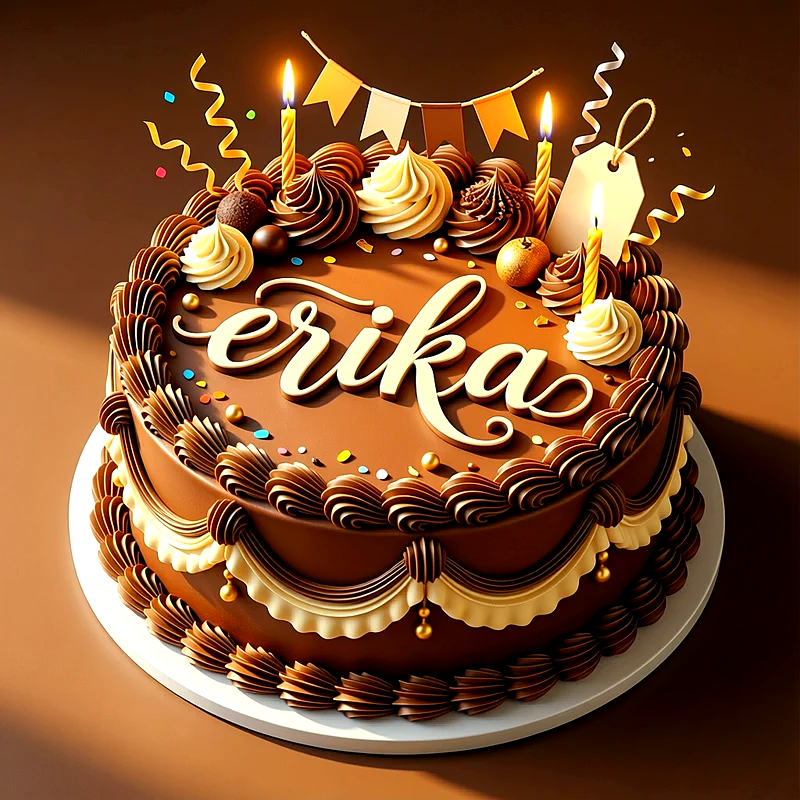 Tarta de cumpleaños de chocolate decorada con velas encendidas, crema de vainilla y el nombre Erika escrito con letras de color crema al centro.