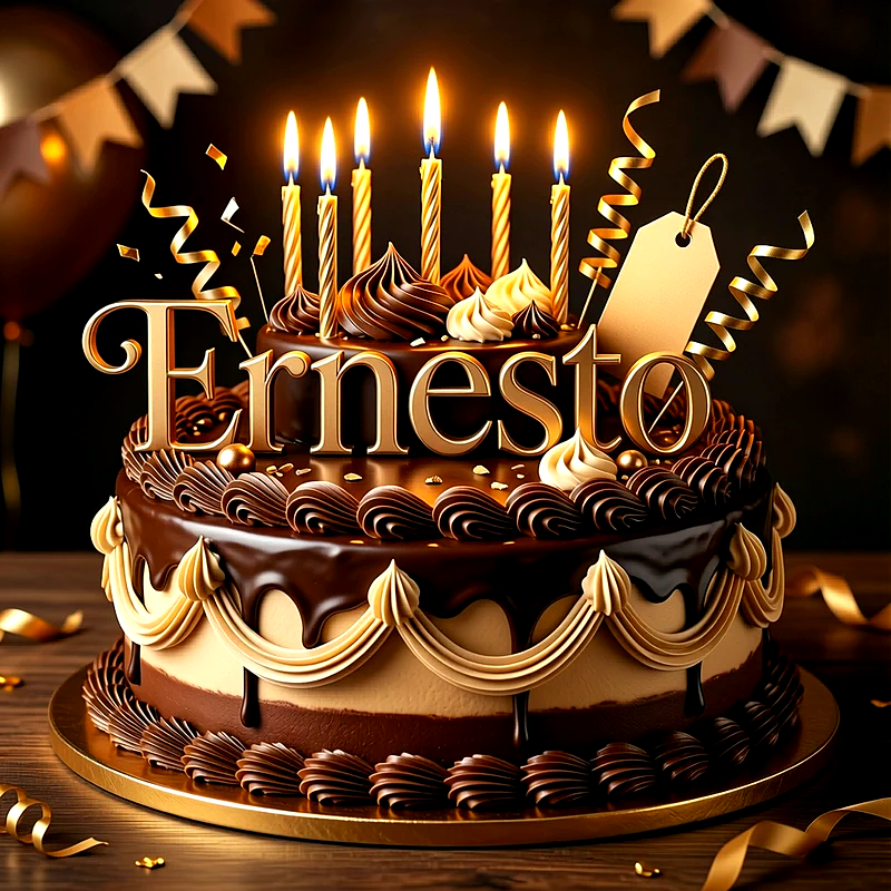 Tarta de cumpleaños de chocolate de dos pisos con velas encendidas, serpentinas y el nombre Ernesto escrito en letras elegantes doradas.