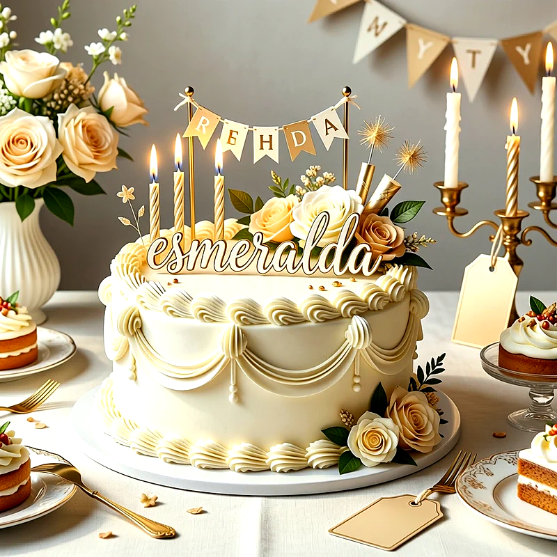 Tarta de cumpleaños blanca con rosas beige, velas doradas encendidas y un letrero con el nombre Esmeralda escrito en letras elegantes.