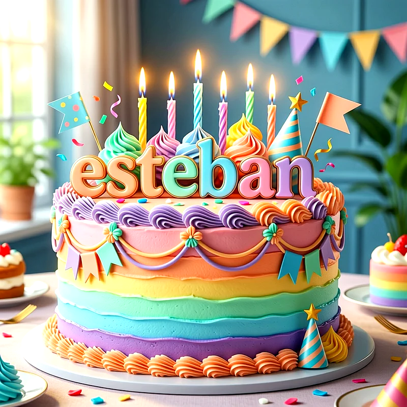Tarta de cumpleaños infantil de varios colores pastel con velas encendidas, banderines y el nombre Esteban escrito al frente en letras grandes.
