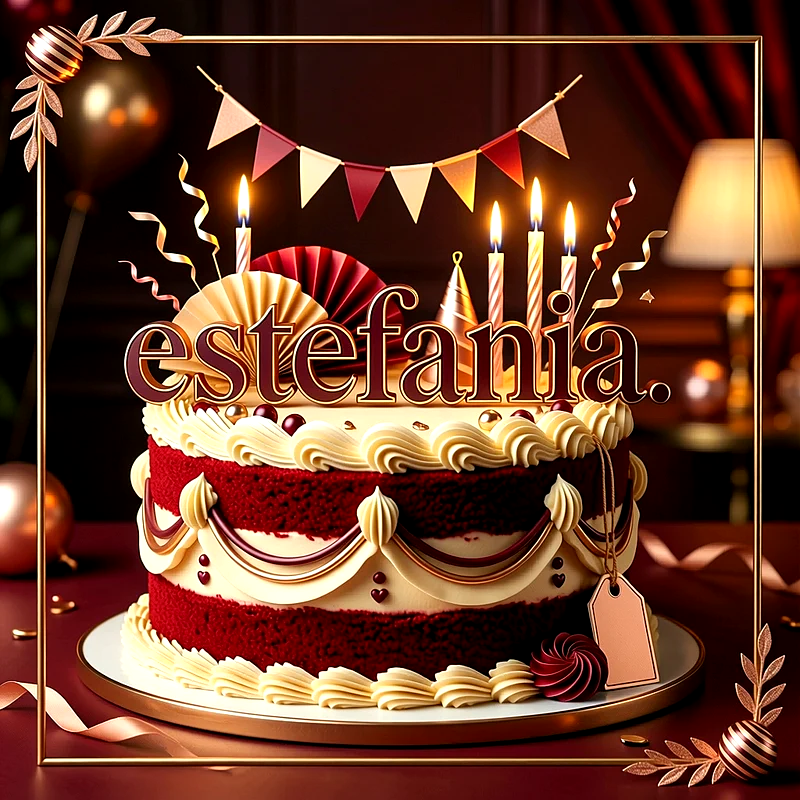 Tarta de cumpleaños roja y crema con velas encendidas, guirnaldas y el nombre Estefania escrito al frente con letras grandes.