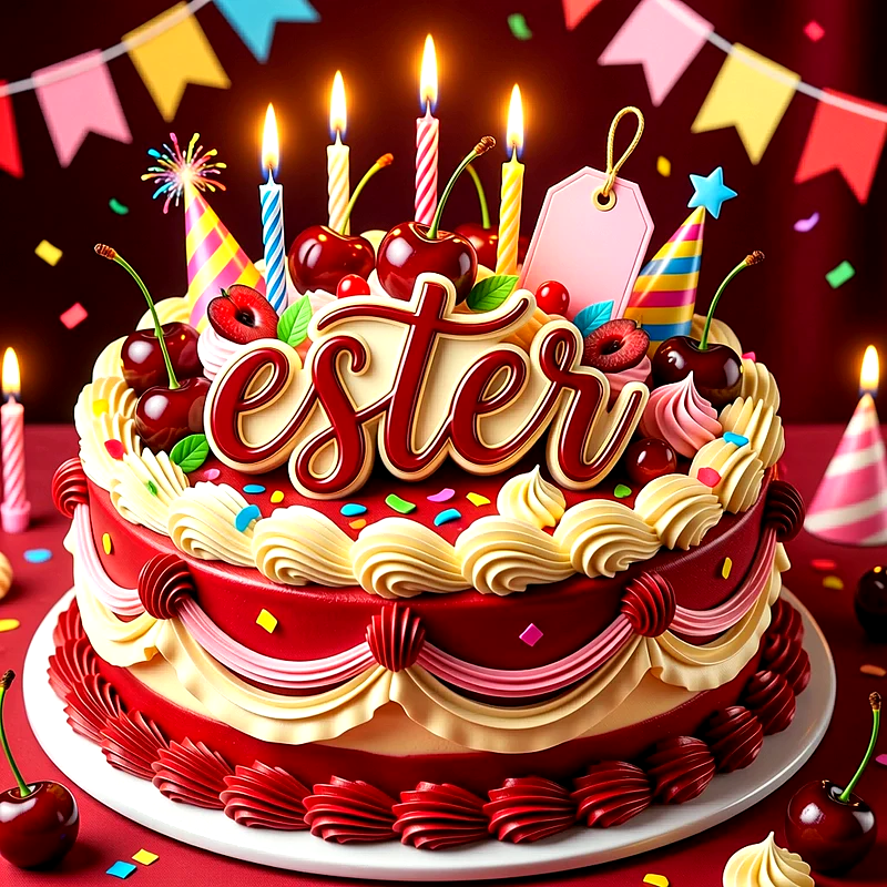 Tarta de cumpleaños roja y crema con cerezas frescas, velas encendidas y el nombre Ester destacado en el centro.