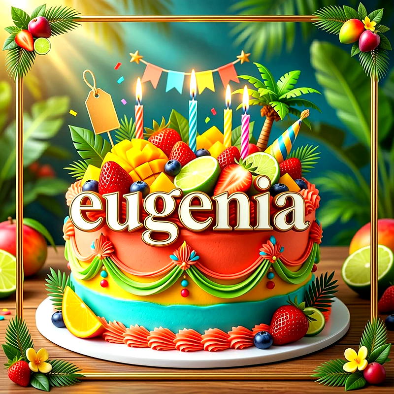 Tarta de cumpleaños tropical decorada con fresas, mangos, limas y velas encendidas, con el nombre Eugenia en letras blancas.