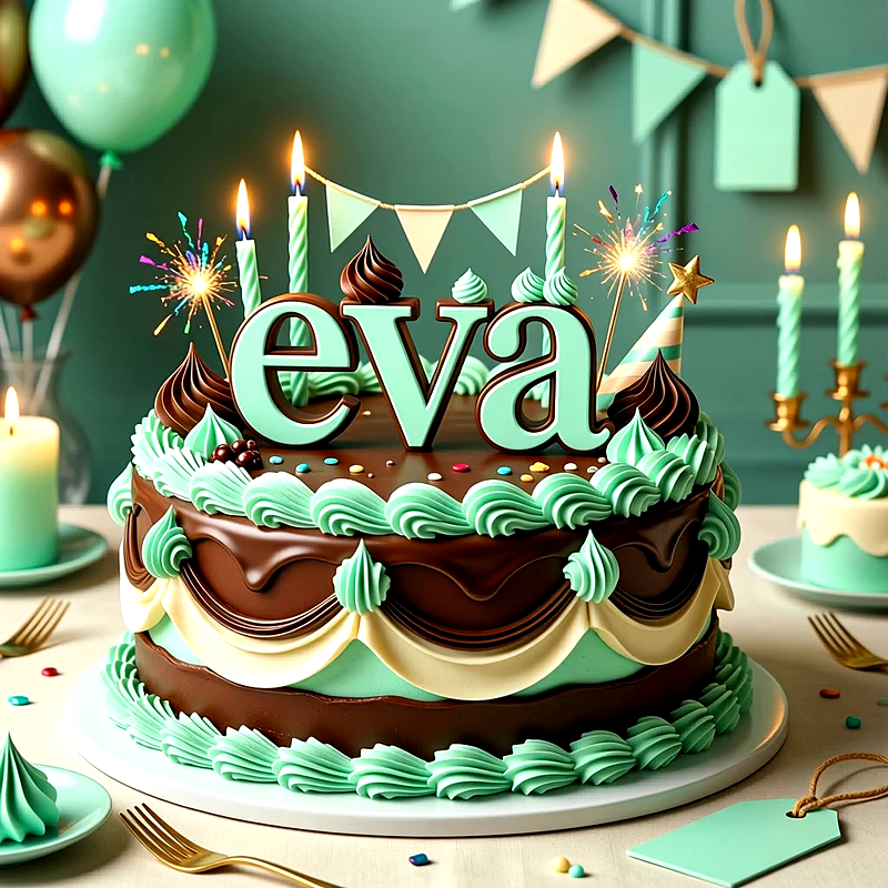 Tarta de cumpleaños de chocolate decorada con crema verde menta, velas encendidas, bengalas y el nombre Eva en grandes letras verdes.