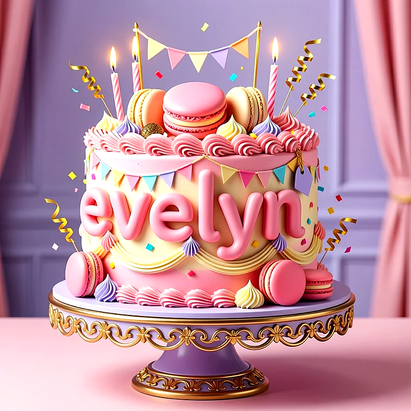 Tarta de cumpleaños rosa con macarons, banderines coloridos, velas encendidas y el nombre Evelyn escrito con letras grandes en el frente.